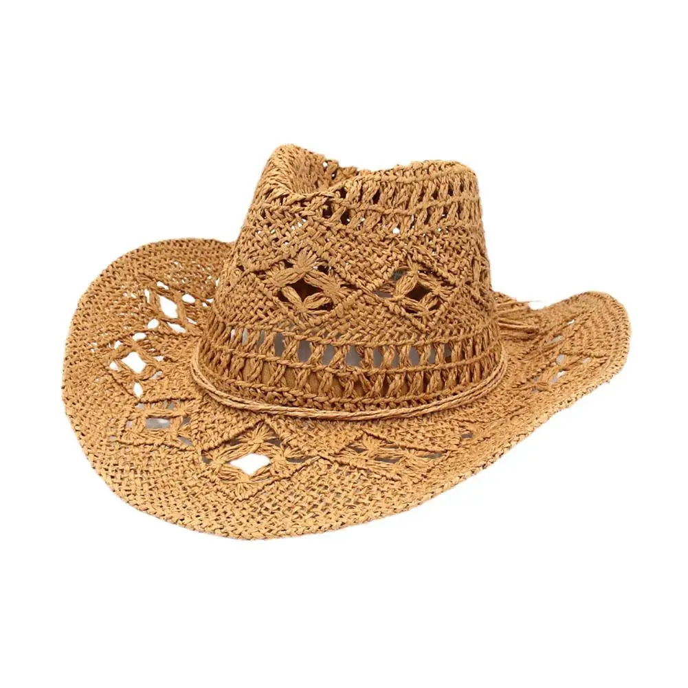 Summer Outdoor Men Women Hand-woven Western Cowboy Hats Jazz Wide Sun Breathable Beach Cap Paper Protection Hat Brim Straw G8F5