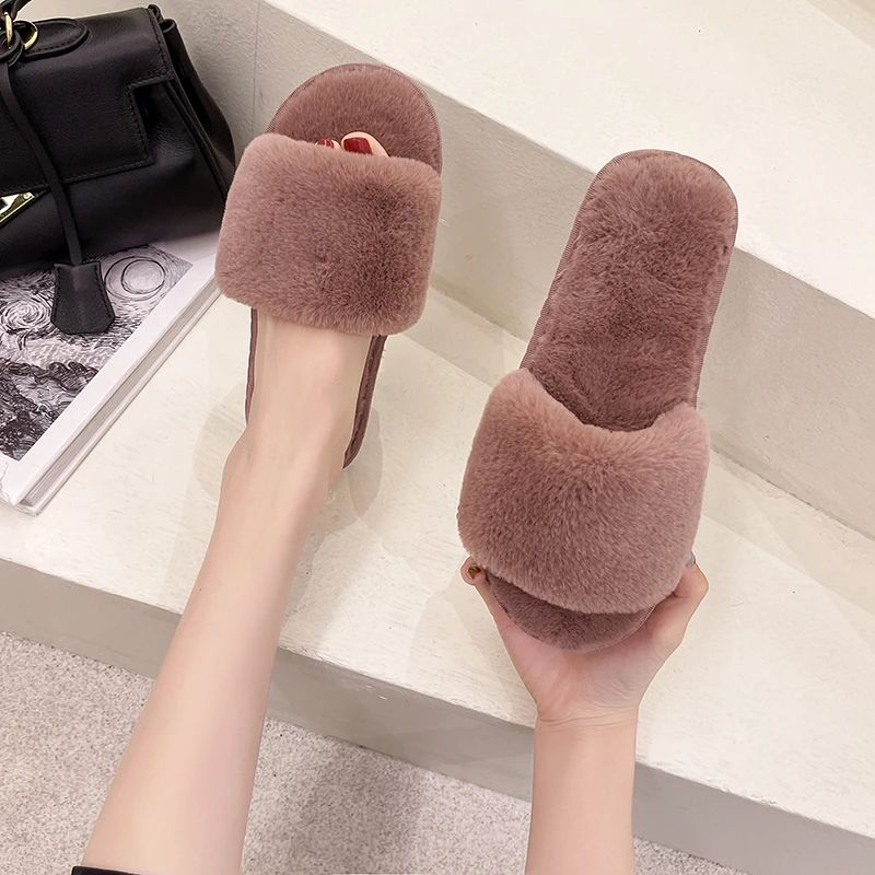 Fashion Plush One-word Slippers Women New Cotton Slippers Home Indoor Non-slip Warm Floor Cotton Slippers Women