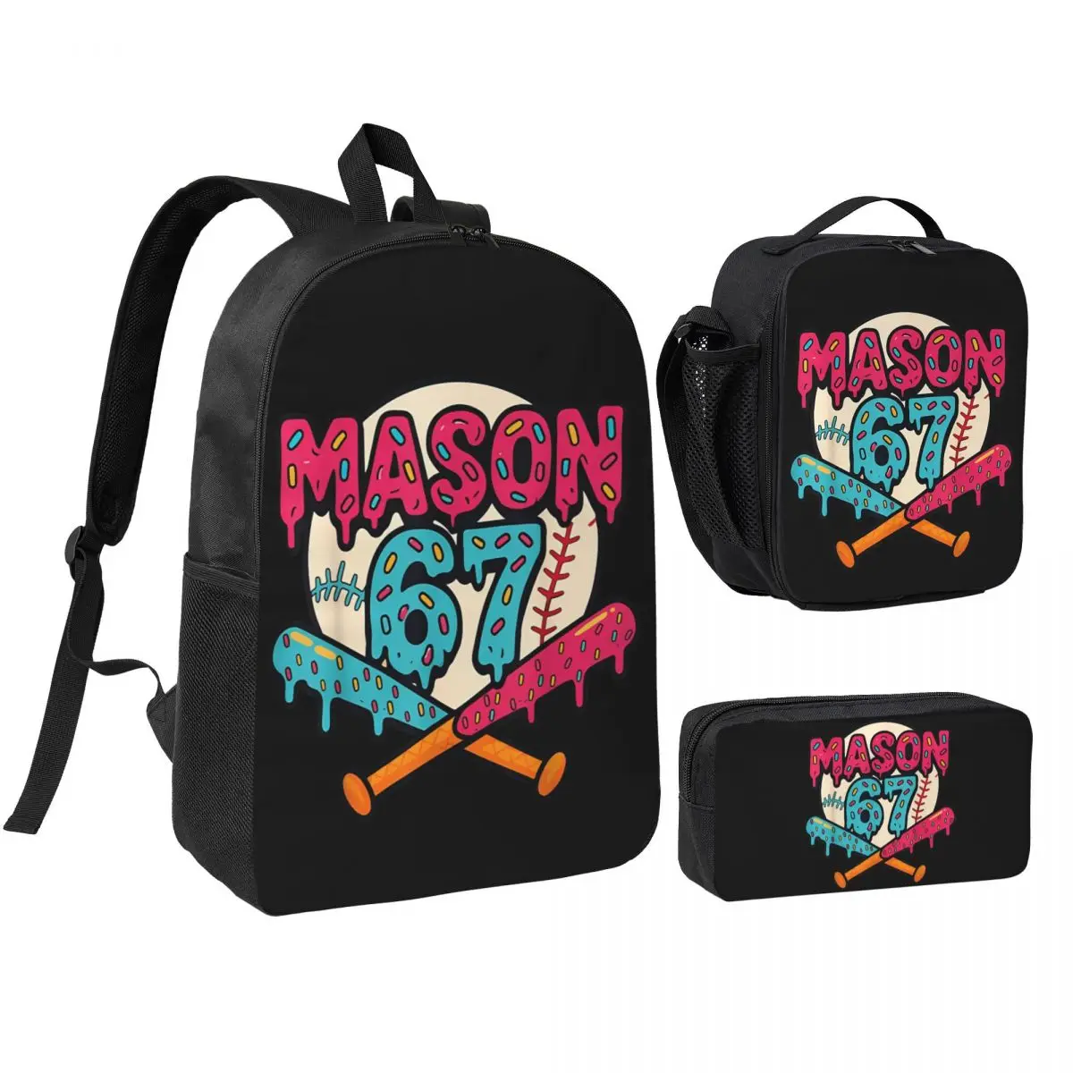 3pecs/set Mason 67 Funny Ice Cream Drip Baseball Meme Backpack for Student High School Shoulder Bag Lunch bag Pencil Case