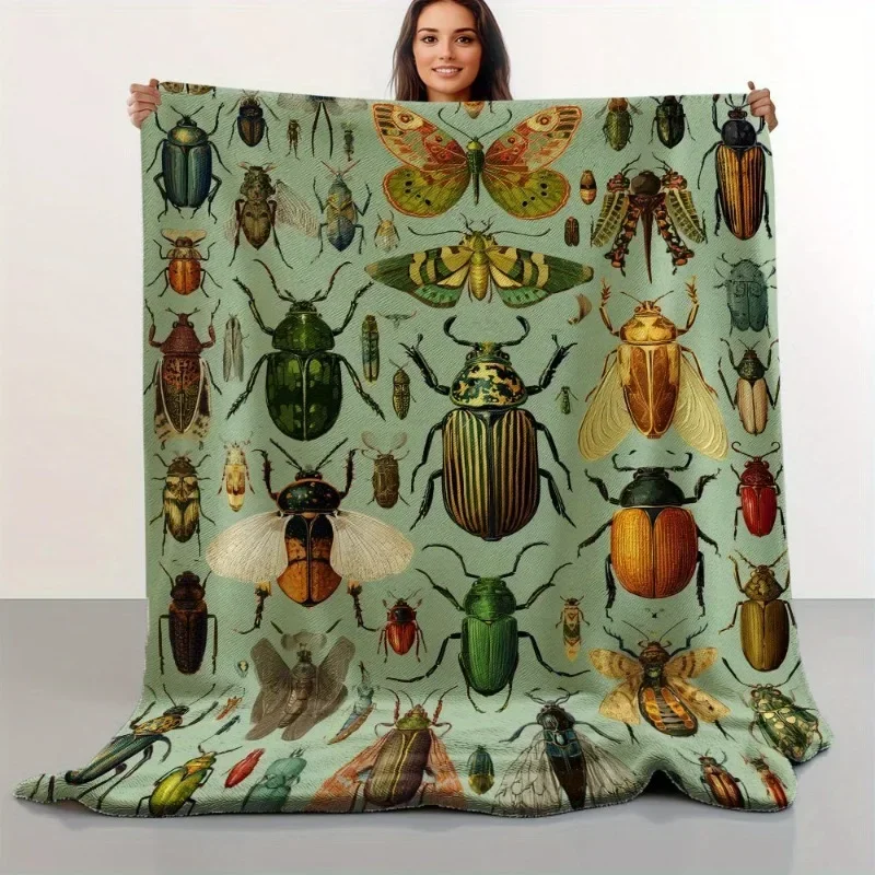 1 piece of retro style insect series flange velvet blanket - college style digital printing soft and versatile for all seasons