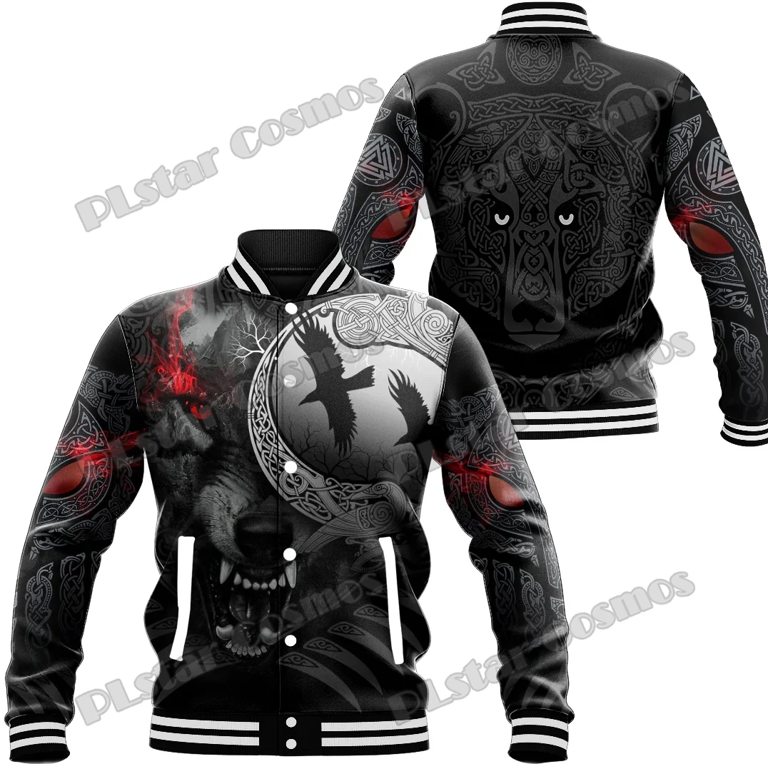 Angry Moon Wolf & Raven Tattoo 3D Printed Bomber Full-Snap Varsity Letterman Jacket Winter Unisex Casual Baseball Jacket AK13