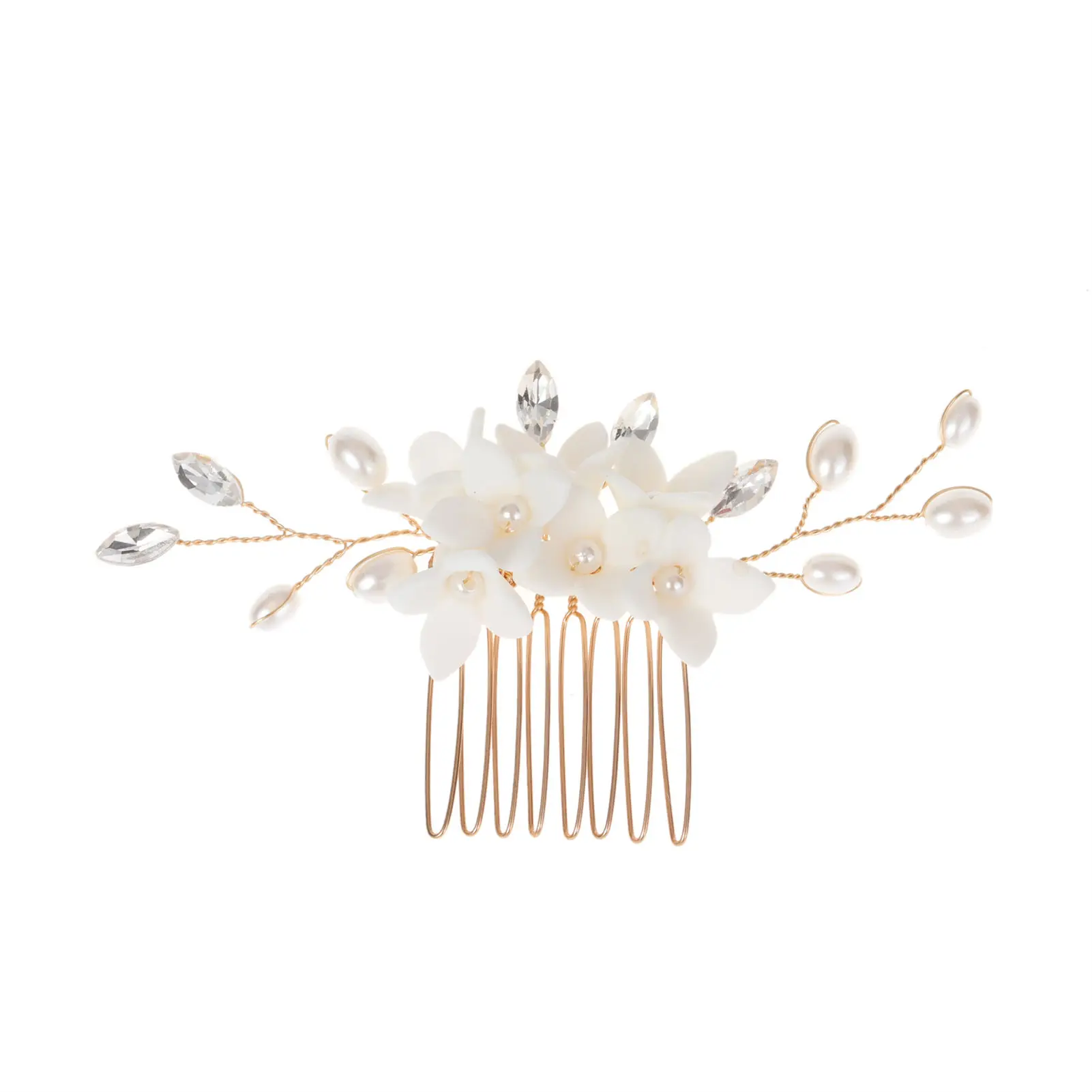 Rhinestone Pearl Ceramic Flower Hair Comb Luxurious Alloy Hair Accessories with White Flower for Princess Party Favors