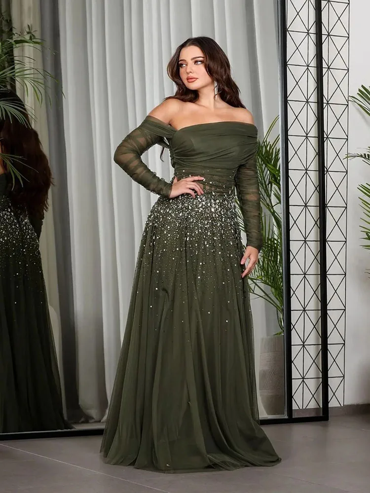 LAYXHS Modne Sukienki Wieczorowe z Odkrytymi Ramionami, Sukienki Wieczorowe w Linii A, Długie Sukienki, Błyszczące Sukienki Balowe z Koralikami, Sukienki Wieczorowe Szyte na Miarę