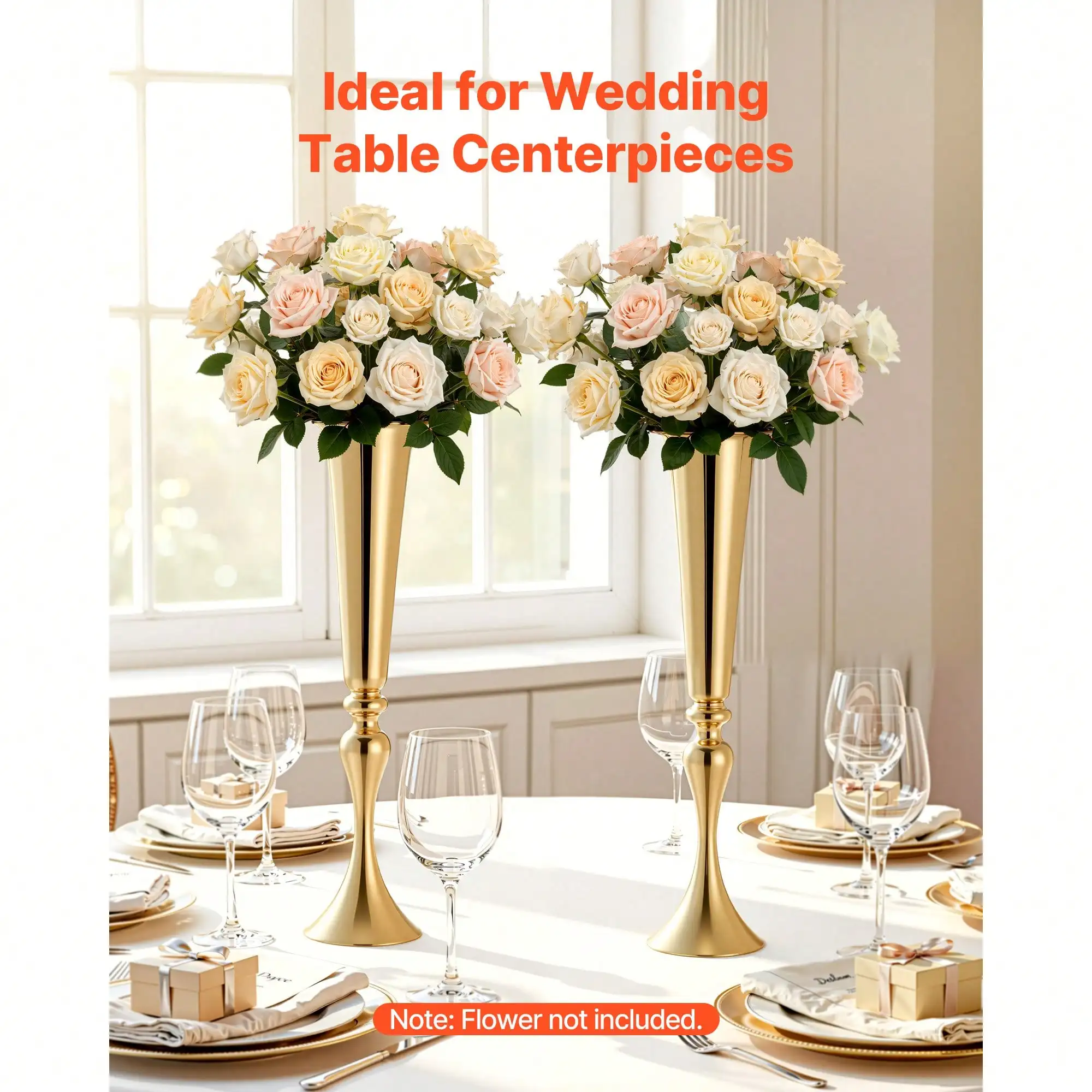 12 Pcs Wedding Flower Vase, 21.7 In Tall Trumpet Flower Table Centerpieces, Banquet Vases with Easy Installation, Electroplated