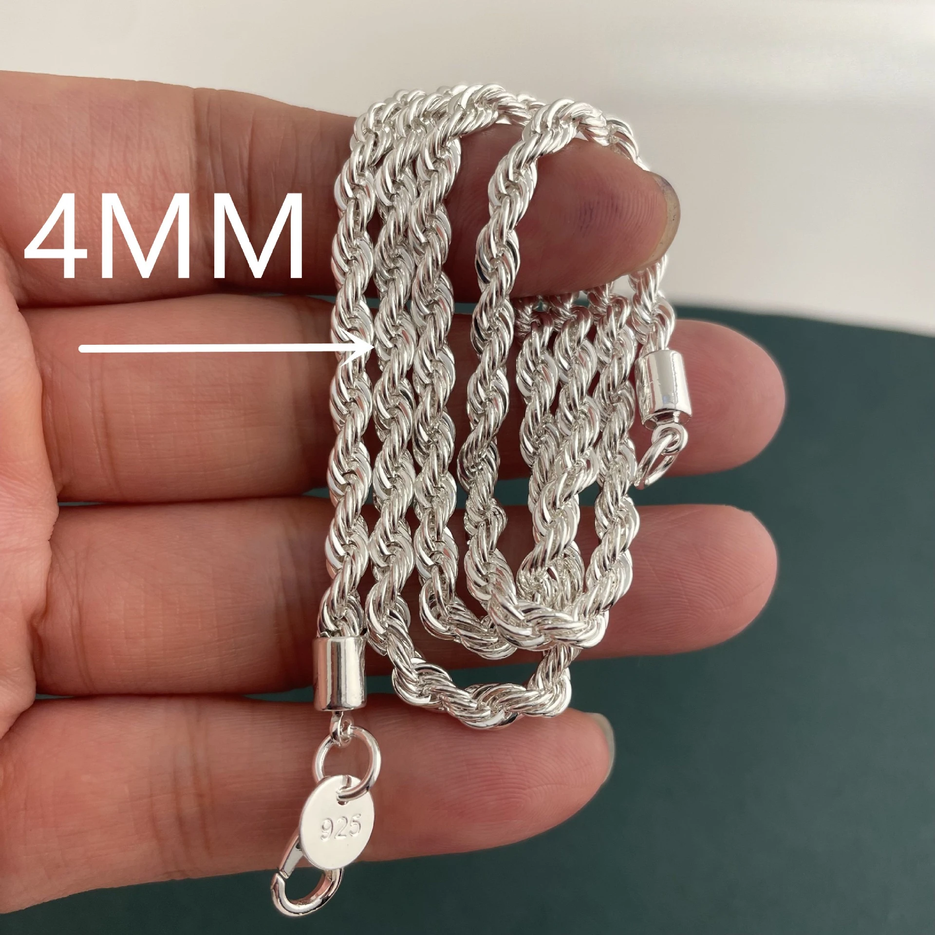Andara 925 Sterling Silver 4MM Twisted Rope Necklace Men's Jewelry 18-24 Inch