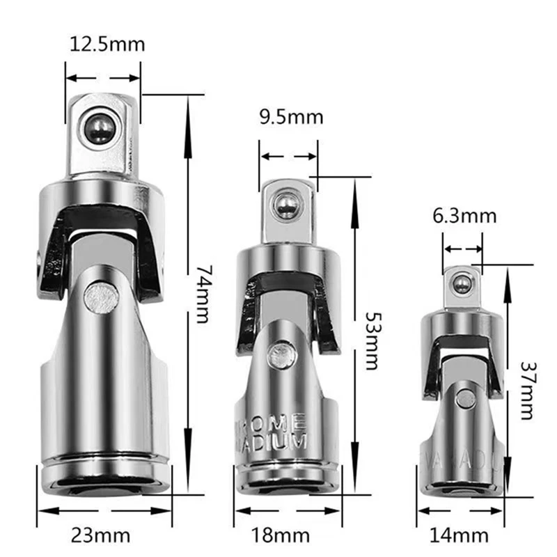 3-Piece Universal Socket Adapter 1/4 3/8 1/2 Socket Universal Joint Universal Socket Ratchet Tool Silver