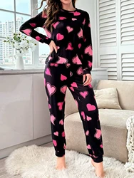 Allover Prints Heart Women Pajamas Set Long Sleeve Round Neck Top Elastic Band Pants Autumn Sleepwear Causal Night Loungewear