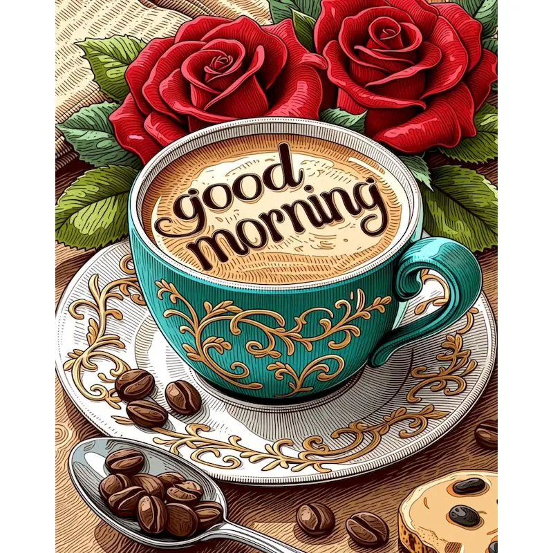 

CHENISTORY Good Morning Coffee Painting by numbers Handpainted Art Acrylic paints Roses DIY Paint By Numbers Diy Ideas Home deco
