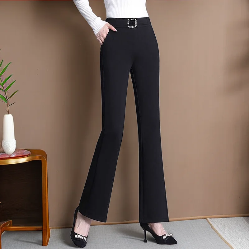 Autumn and Winter Women\'s Solid Colors Elastic High Waist Fashion Slim Boot Cut Pants Pockets Classic Casual Commuter Trousers