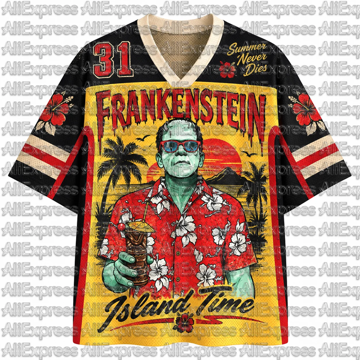 Frankenstein Island Time V Neck Mesh Jersey, Summer Never Dies 31 Number Short Sleeve Sports Tee