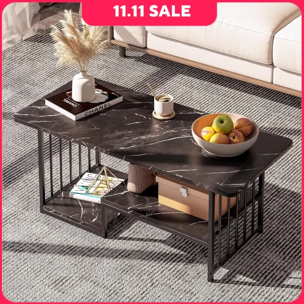 Coffee Tables Marble Rectangle for Living Room,Modern Side Table,Contemporary High Gloss Elegant Black Coffee Tables