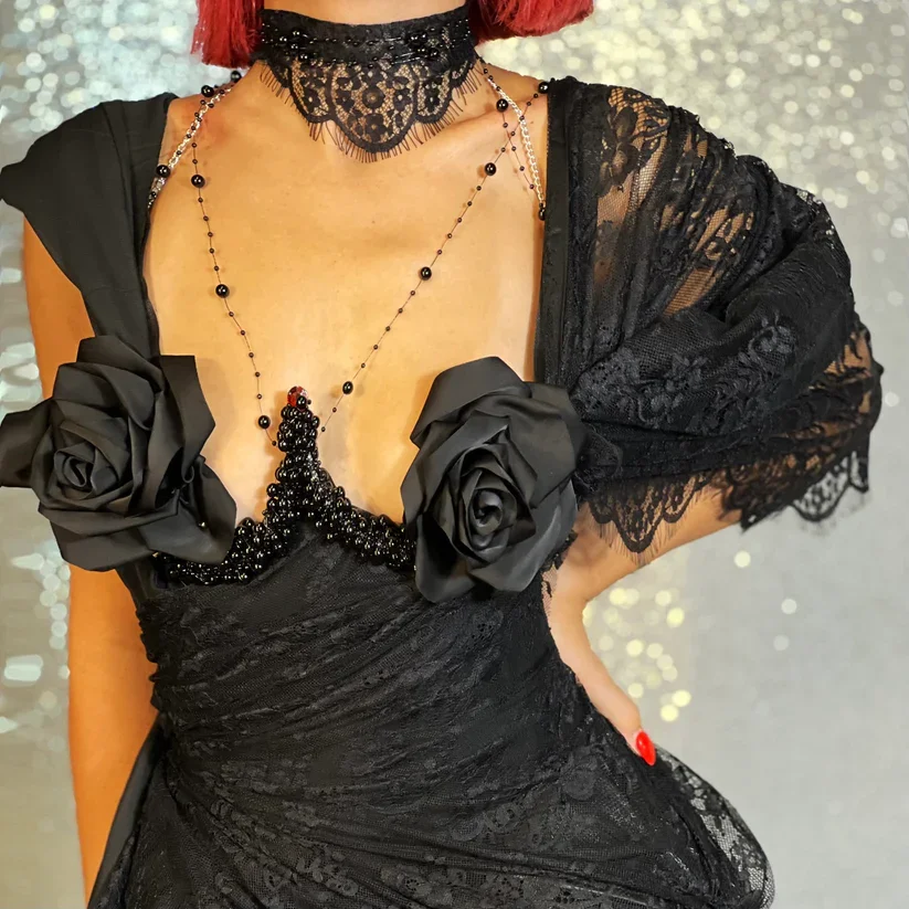 Black Floral Prom Dresses Haute Couture Slit Pearls Lace Saudi Arabia Dubai Robe De Soiree Evening Dress Gown Customized