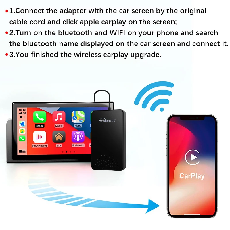 Ottocast แบบมีสายไร้สาย CarPlay อะแดปเตอร์ CP81 CarPlay Dongle อุปกรณ์เสริมสําหรับรถยนต์สําหรับ VW Nissan Iphone และรถยนต์ 98%