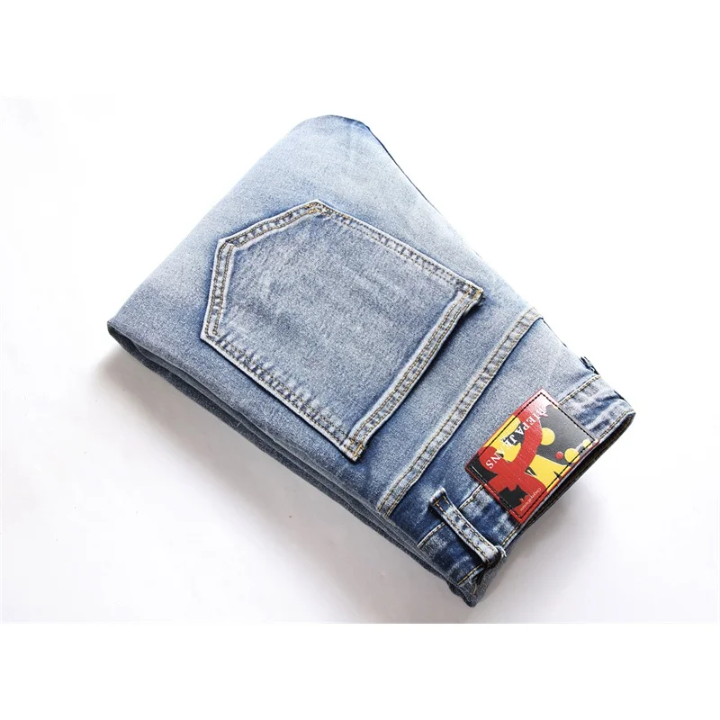 Patchwork skinny jeans men's motorcycle style fashion street slim fit nostalgic retro design blue punk trousers