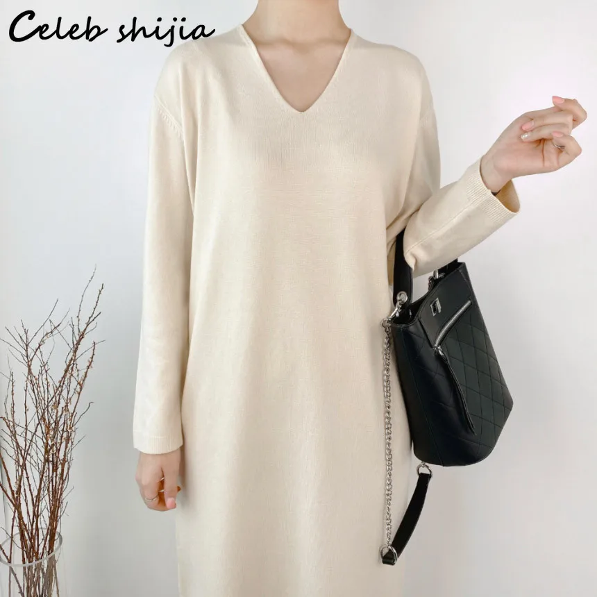 

Vintage Loose Cashmere Dress Women 20234 Winter Fall V-neck Khaki Elegant Long Knitted Vestido Lady Streetwear Warm Knitwear