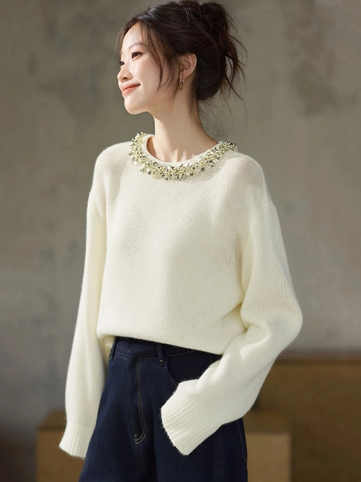 

Модный круглый вязаный свитер Long Sve из бисера, женский модный базовый слой, топ, корейский свободный крой, зима