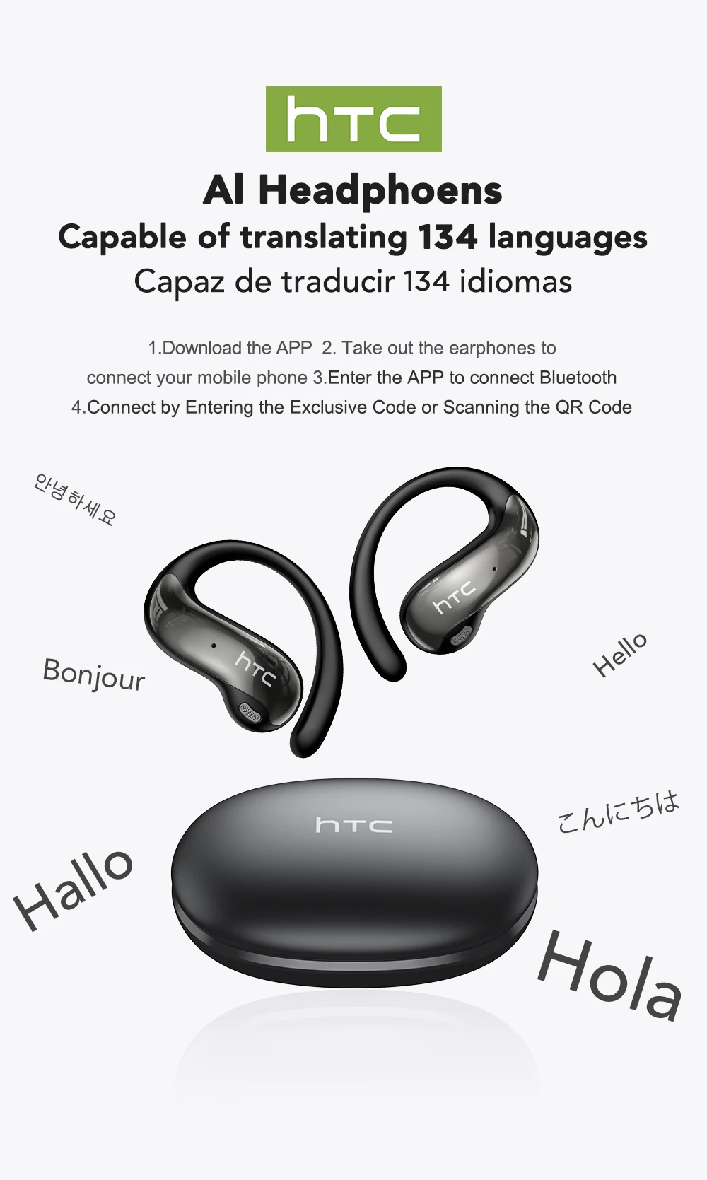 Auricolari Wireless Bluetooth 5.4 Con Traduzione AI In 150 Lingue – Design Open Ear Con Gancio, Touch Control E 24h Di Autonomia