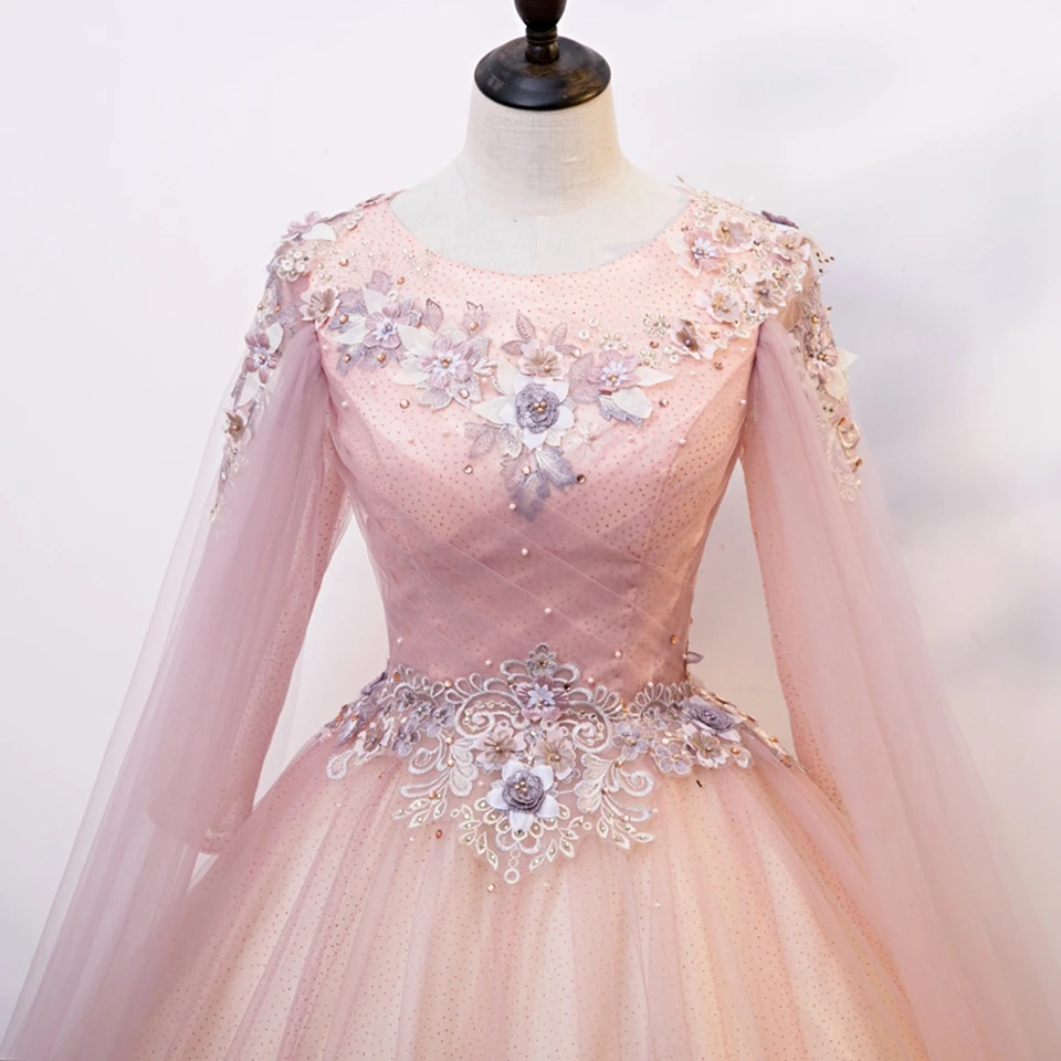 Eleganti abiti da ballo rosa a mezze maniche in tulle con applicazioni di pizzo e abito da ballo a mantella 2024 Abito da sera formale da principessa per le donne