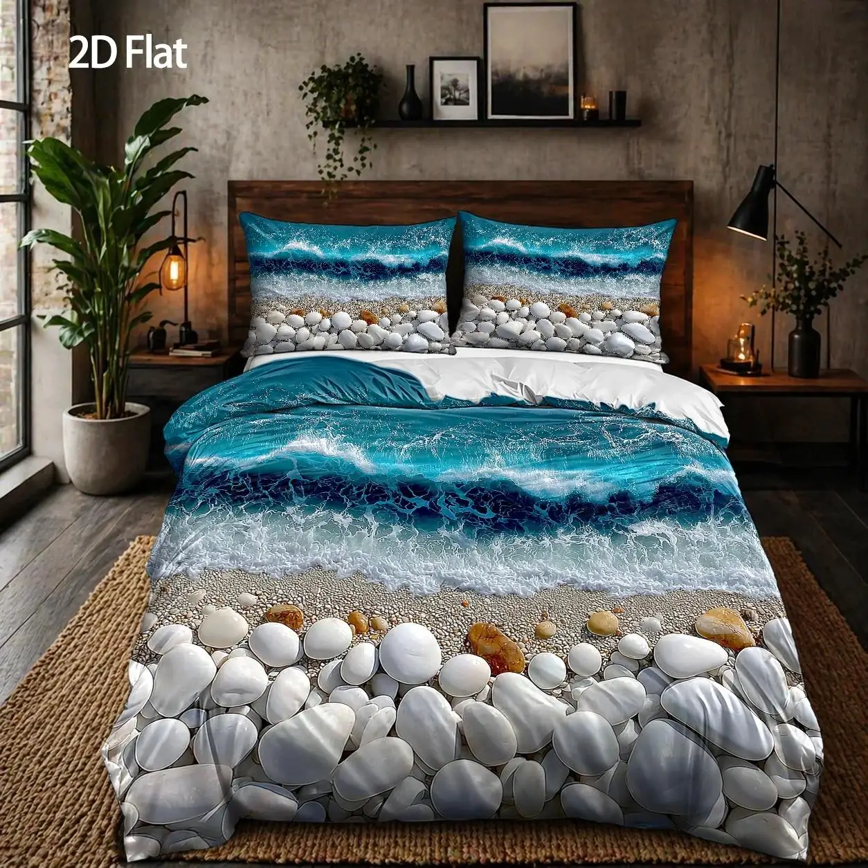 3 Piece Duvet Cover Set Blue Ocean Waves Beach Theme Bedding Set Invisible Zipper Machine Washable Summer Seaside Bed Cover