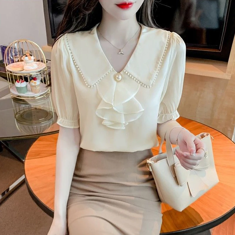 Women Stylish Ruffles Beaded Lace Blouses Elegant Sweet Chic Short Sleeve Shirts Summer Solid Slim Chiffon Tops Blusa De Mujeres