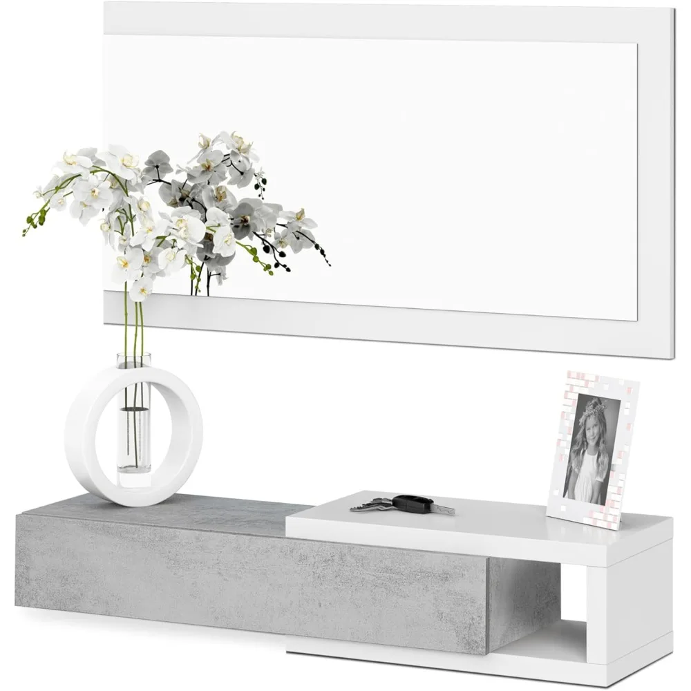 Ninguno White Artik And Ceme Mueble De Recibidor Con Cajones Y Espejo, En Artik Blanco Y Acabado Gris Cemento, 95Cm X 19Cm X 26Cm