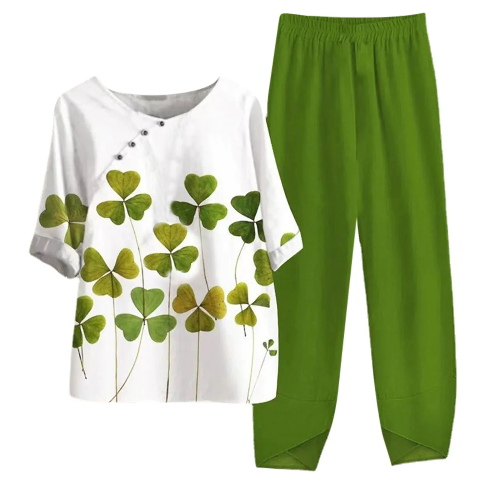 Damen schöne lässige Hose Set Klee Print Rundhals ausschnitt Langarm T-Shirt und grüne lose gerade Hose zweiteiliges Set