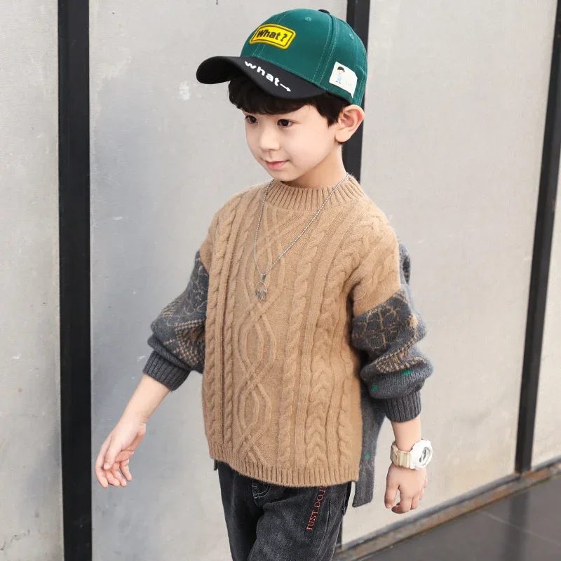 

Boys Sweater Wool Coat Kids Tops Knitting 2024 Retro Spring Autumn Plus Thicken Cottons Pullover Teenagers Children's Clothing