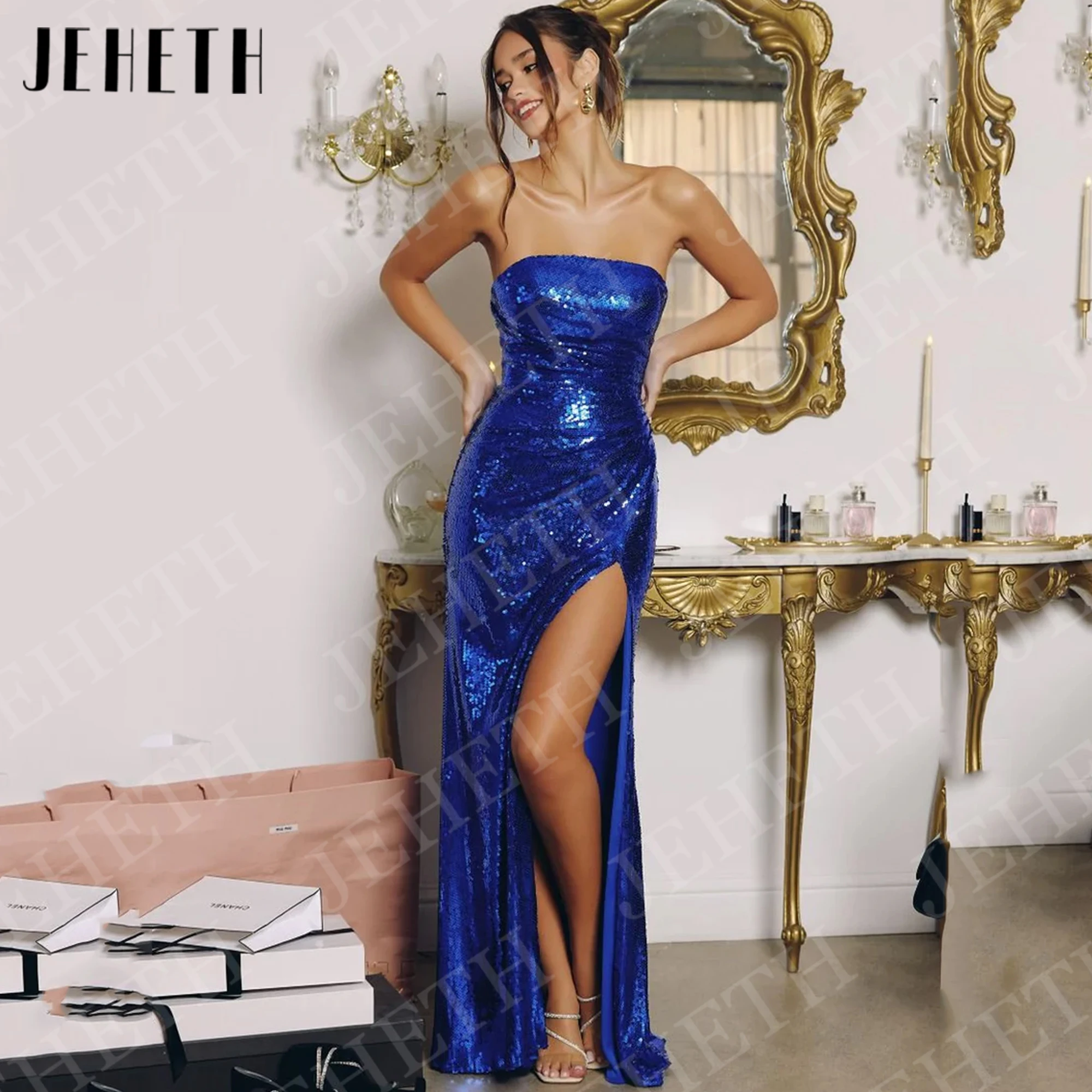 

JEHETH Sequin Prom Dress Mermaid with Split Elegant Glitter Strapless Party Dresses Sleeveless Customized vestido formatura 2026