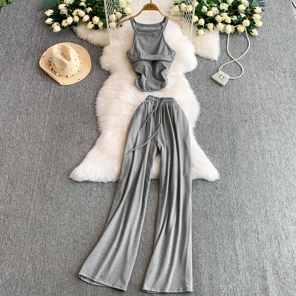 

Female Hotsweet Buckle Belt Top Suit Set Summer Sexi Y2K Ins Chic Wide Leg Loose Drawstring Pants Set Gothic Punk Moto Biker Set