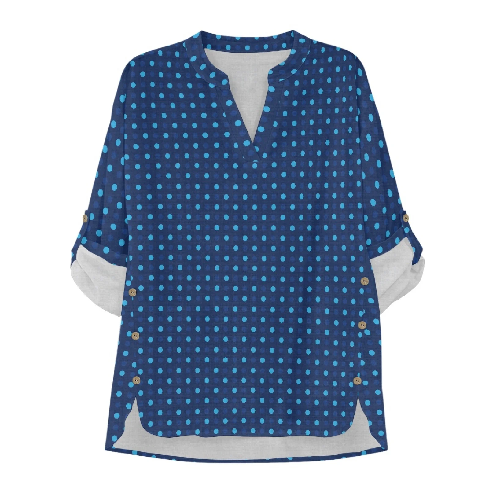 PENSTROLL Blue Polka Lightweight V Neck Tunic Tops for Year Round Linen Like Long Sleeve Blouse Sizes S-5XL