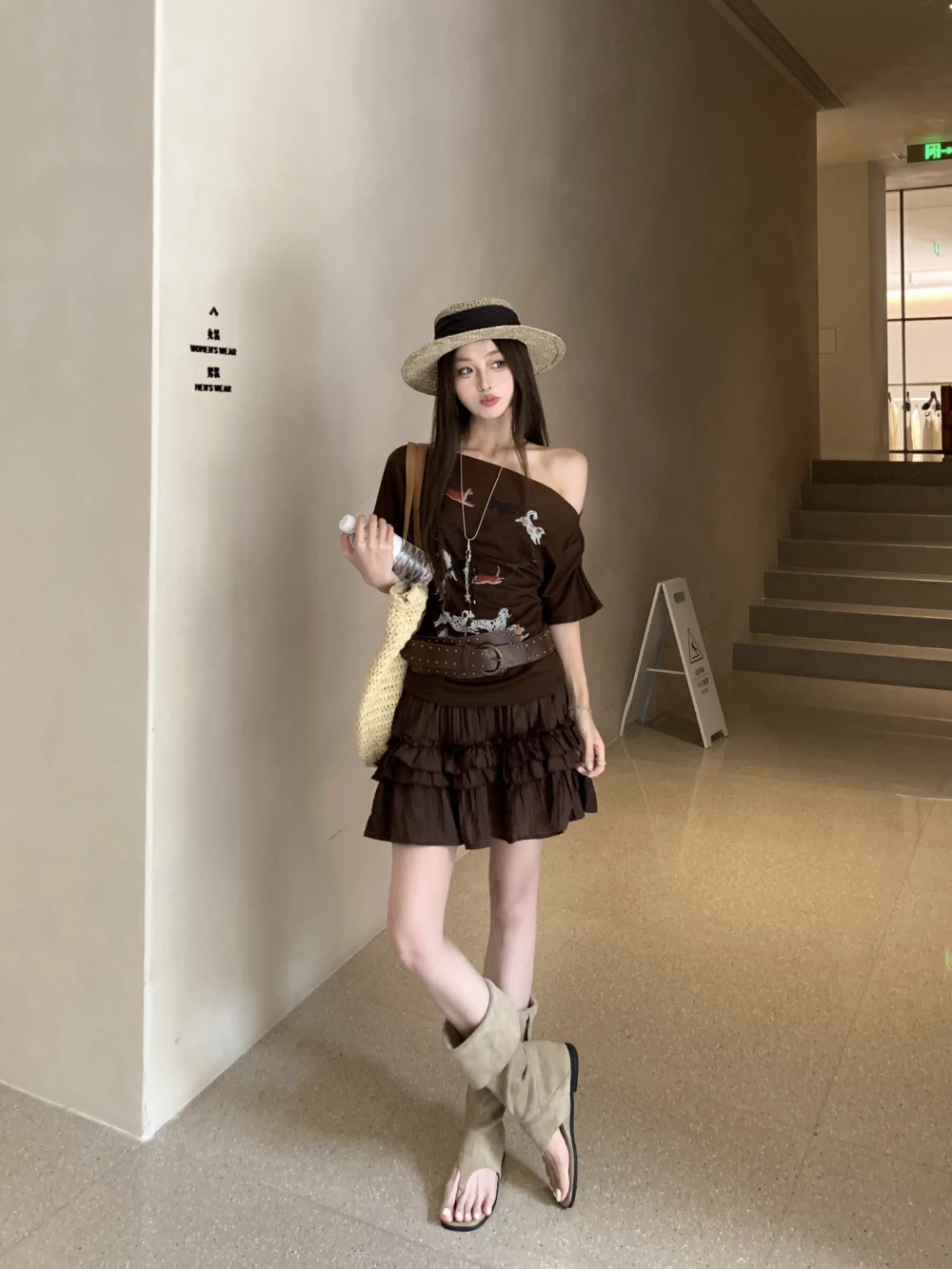 Women Brown Short Skirt Set Sexy Off-shoulder T-shirt Puppy Prints Paired Hotsweet Ruffled Layered Mini Cake Skirt Two-piece Set