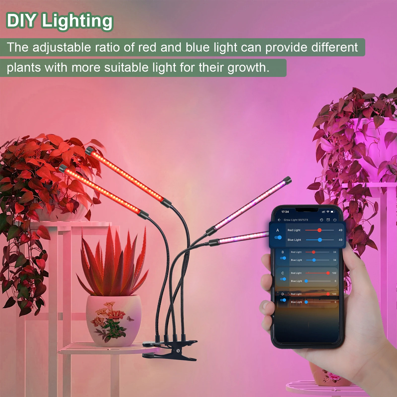 Lvjing crescer luz usb phyto lâmpada de espectro completo filamp com controle app phytolamp para plantas mudas flor tenda casa