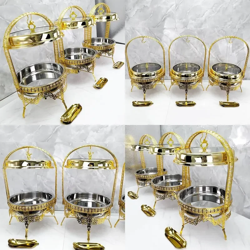 9L Gold Hanging Hinged Lid Chafing Dish Buffet Set Copper Food Warmer Butterfly Catering Stainless Steel Hot Pot 5L