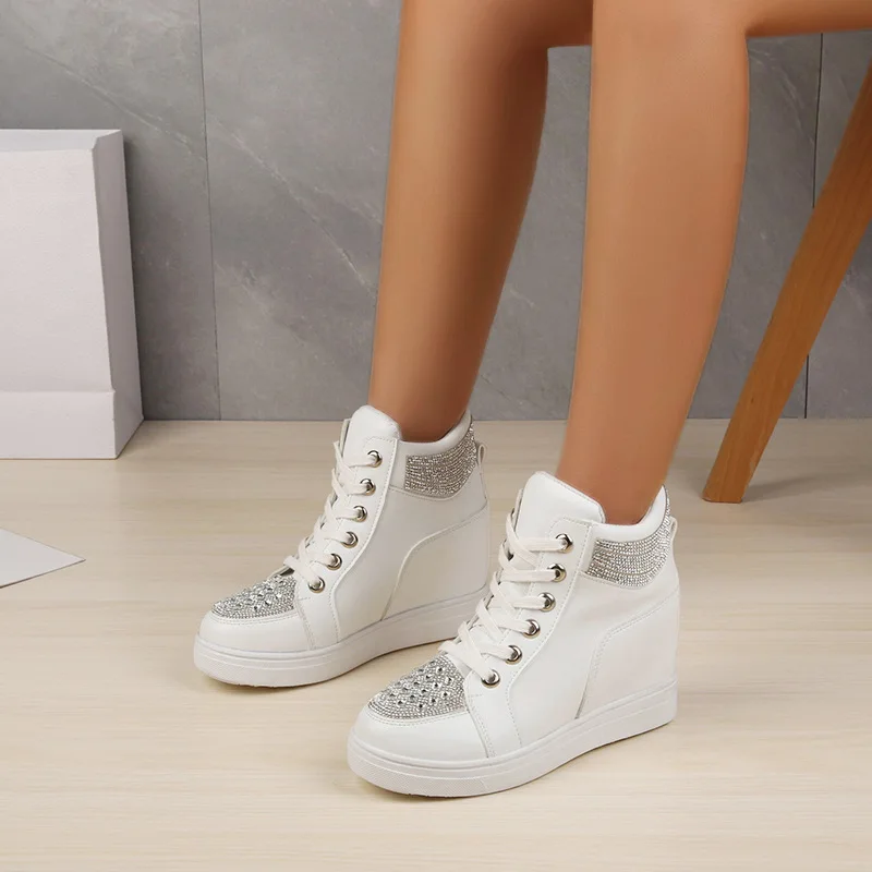 New Women Wedge High-heeled shoes Rubber PU Leather High heels Lace Up Shoes Height Increasing Creepers White Black Casual Shoes