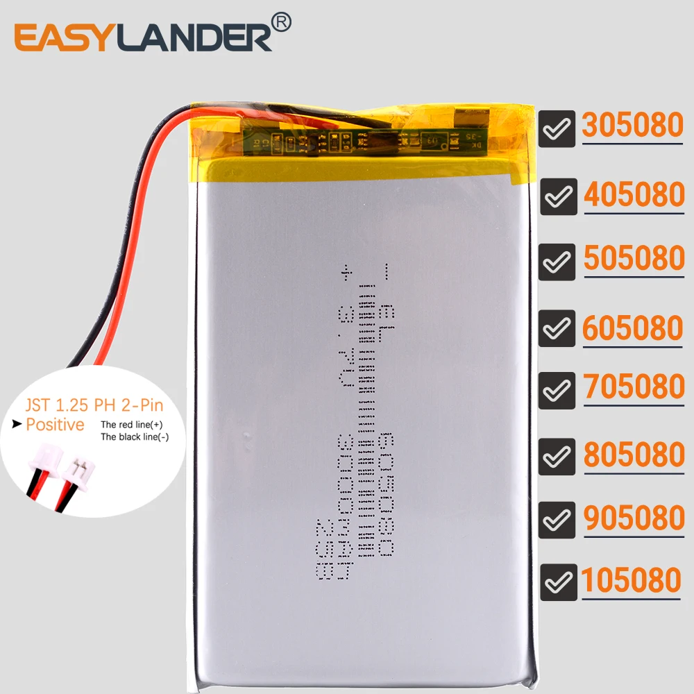 JST 1.25mm 2Pin 3.7V 4000mAh 805080 Lithium Li-ion Polymer Battery Lipo 305080 405080 505080 605080 705080 905080 105080