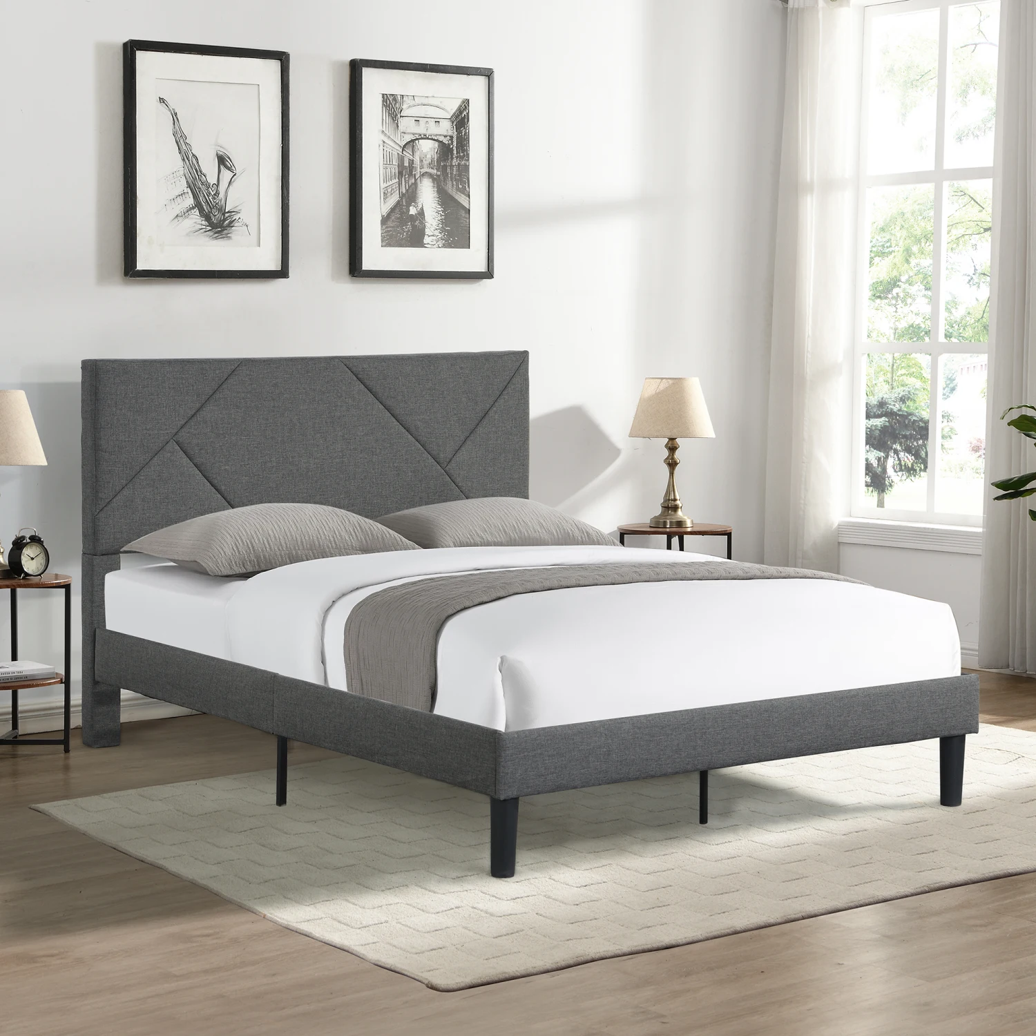 

Full Size Upholstered Platform Bed Frame with Headboard, Strong Wood Slat Support, Mattress Foundation, No Box Spring Needed, Ea