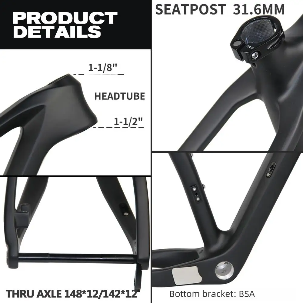 TANKE 29er Carbon Mountain Bike Frame Boost 148mm MTB Carbon Bicycle Frame Disc Brake Hard Tail T800 Carbon Fiber BicicletaFrame view 2
