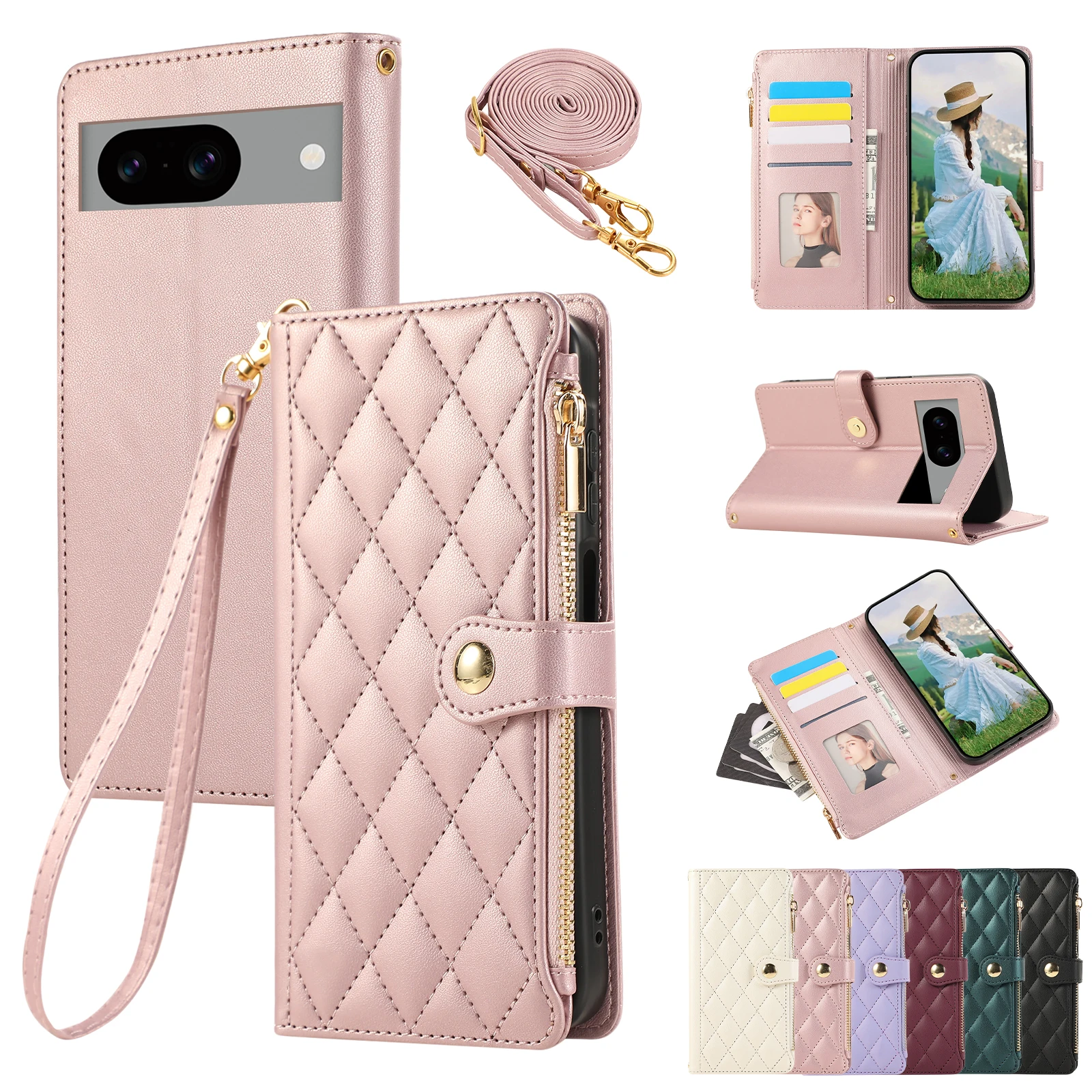 Crossbody Zipper Card Solt Wallet Leather Case for Google Pixel 9 Pro 8 8A 7 7A 6 6A Fragrant Wind Lanyard Strap Stand Bag Cover