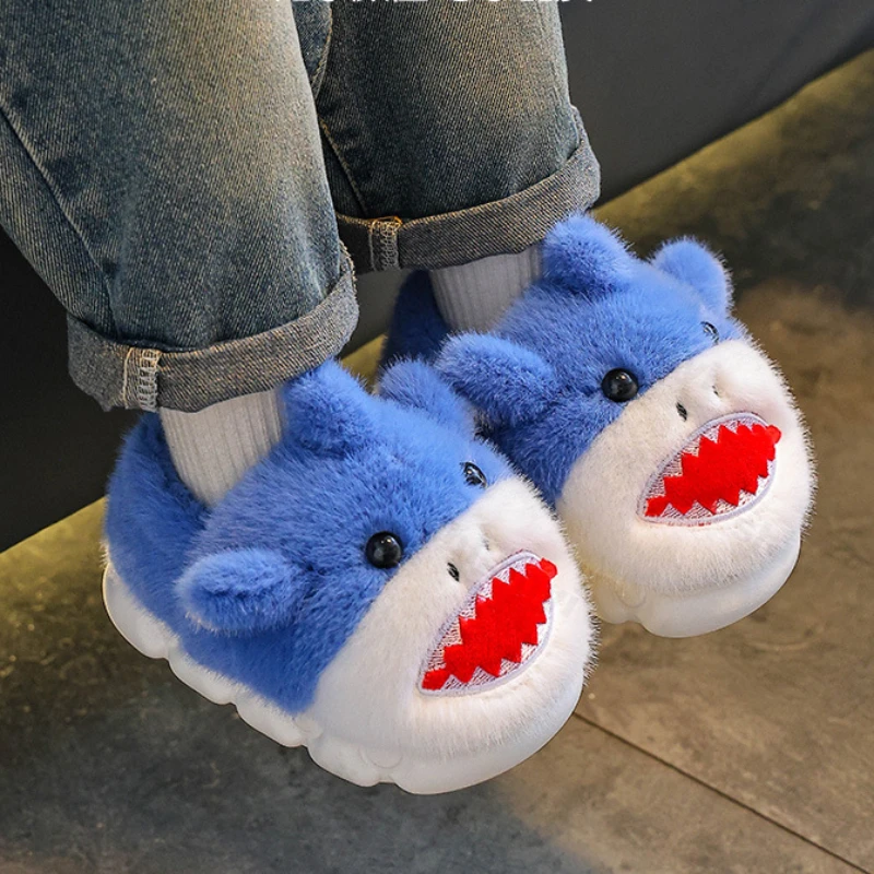 

Children Cotton Shoes Shark Cute Slippers Fluffy 2025 Winter New Warm Comfortable Indoor Cartoon Plush Floor House Slippers
