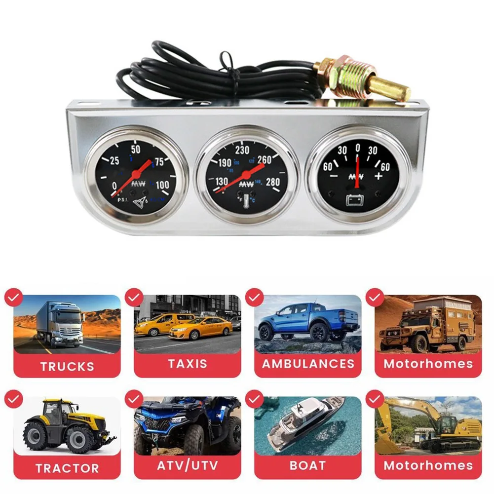 

Тройной измерительный прибор 12/24 В, совместимый с датчиком температуры масла, диапазон температуры масла 50-140°C, 130-280°F