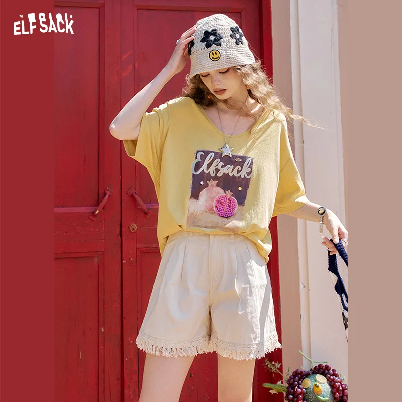 ELFSACK 2025 Summer New Arrivals White High Waisted Tassel Casual Shorts For Women