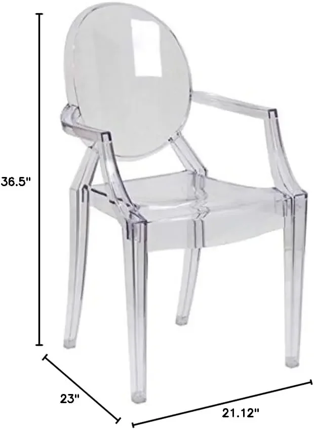 Ghost Dining Chair with Arms, Transparent Crystal Finish, Polycarbonate Build, Contoured Seat, 36.5