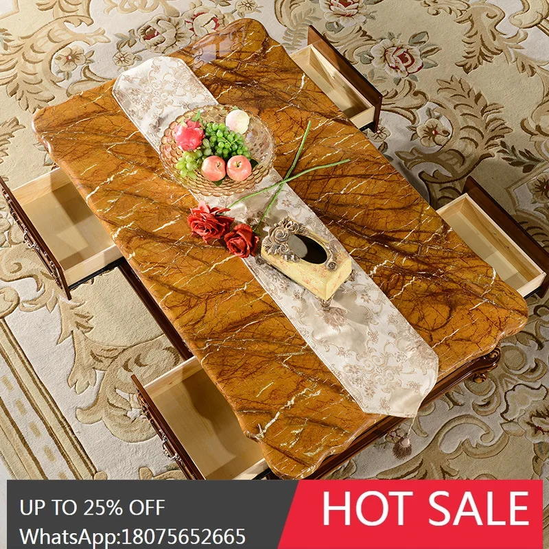 SGF European Style Solid Wood Long Coffee Table Marble Surface Coffee Table with Drawer