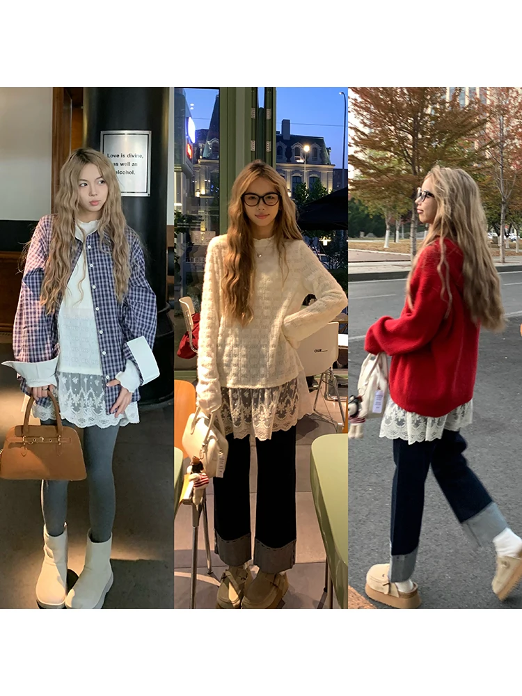 Tawaaiw Fairycore Patchwork Lace T-shirt Woman Clothing Long Turtleneck Korean Fashion Autumn Tops Long Sleeve Tees Female Y2k