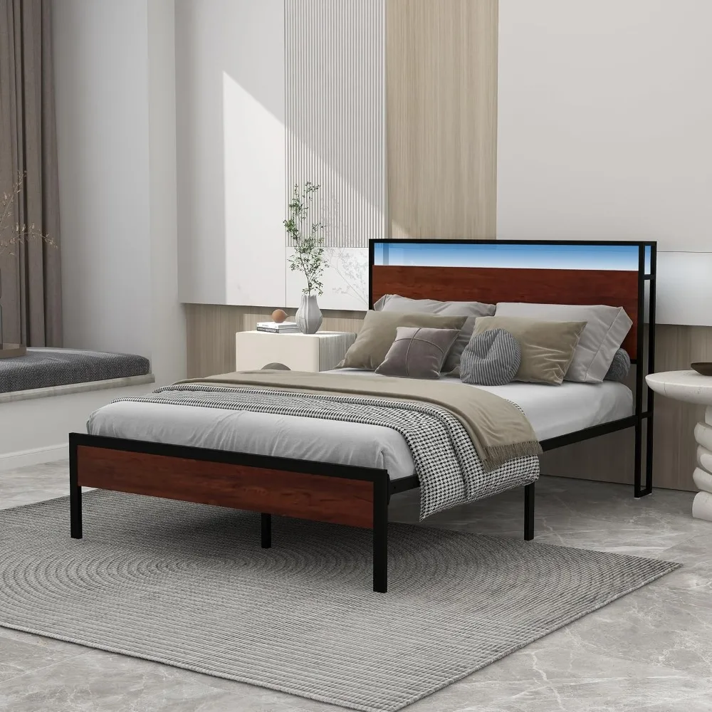 

Full Bed Frame with LED Lights Metal Platform Bed Frame with Storage Headboard Built in Charging Station & USB Ports Noise-Free