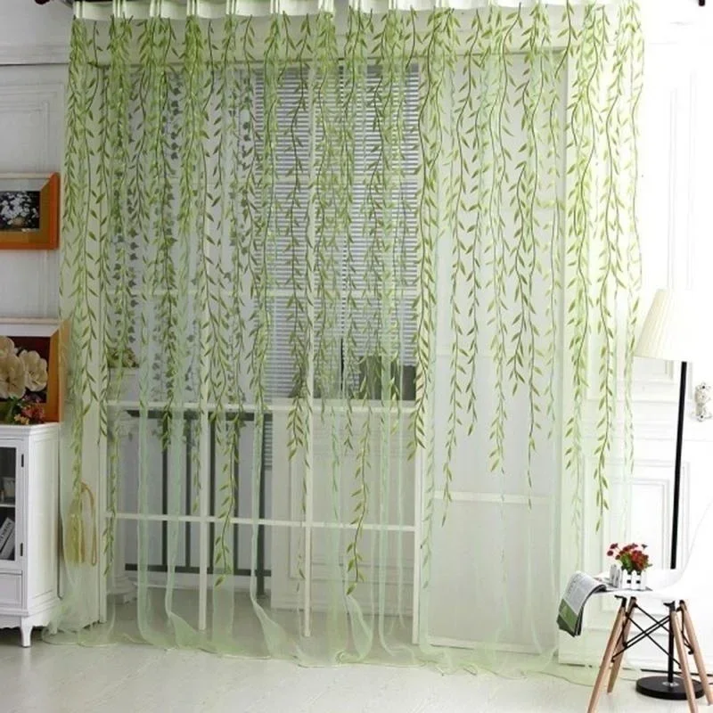 1Pcs Cute Willow Leaf Curtains Pastoral Style Willow Floral Window Decorative Curtains For Bedroom Living Room Window Curtain