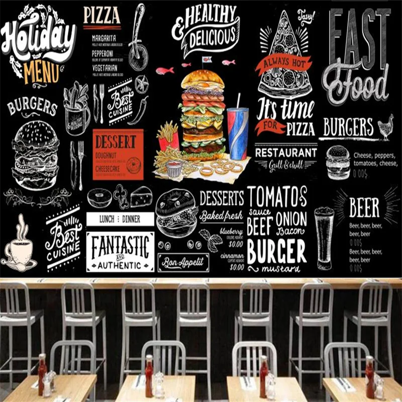 

Hand Painted Burger Cola Pizza Wallpaper Industrial Decor Mural Fast Food Restaurant Snack Bar Background Wall Papel De Parede