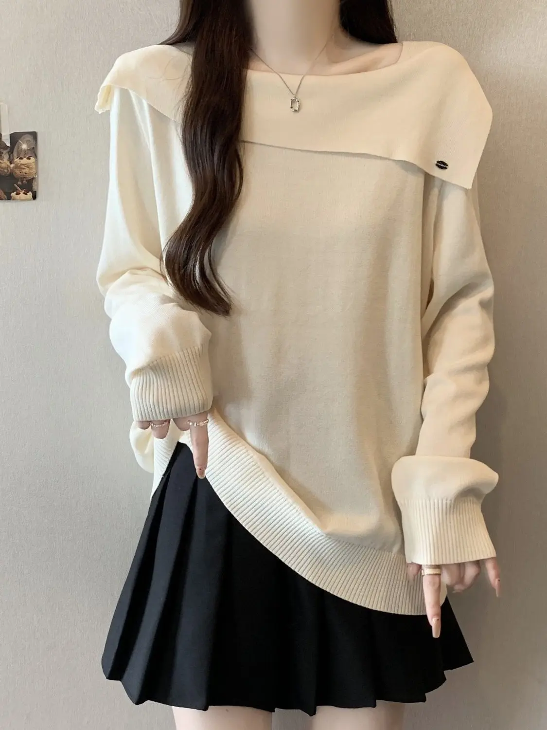 سترة نسائية محبوكة بمقاس كبير فضفاضة وياقة مربعة للتخسيس طويلة Sve للخريف والشتاء أنيقة كورية مريحة...