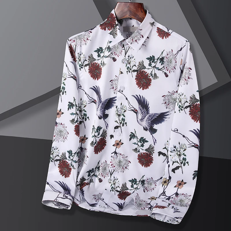 Brand Fashion Mens Shirts New Chinese Style Print Smart Casual Shirt Long Sleeve Turn-Down Slim Fit Social Work Shirt Men