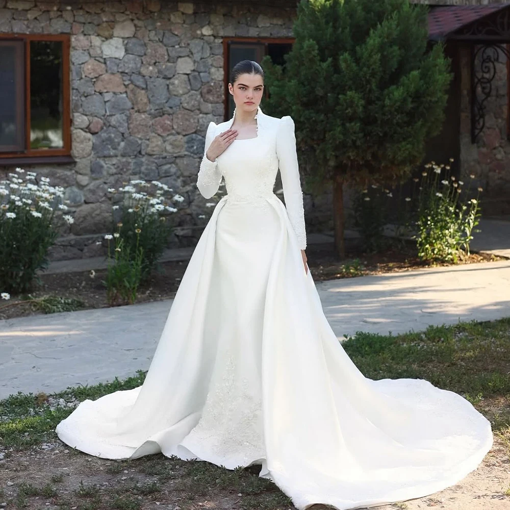 

Arabic Wedding Dresses Square Neck Long Sleeves Bride Dress Mermaid Detachable Train Bridal Gowns Customized Vestidos De Novia